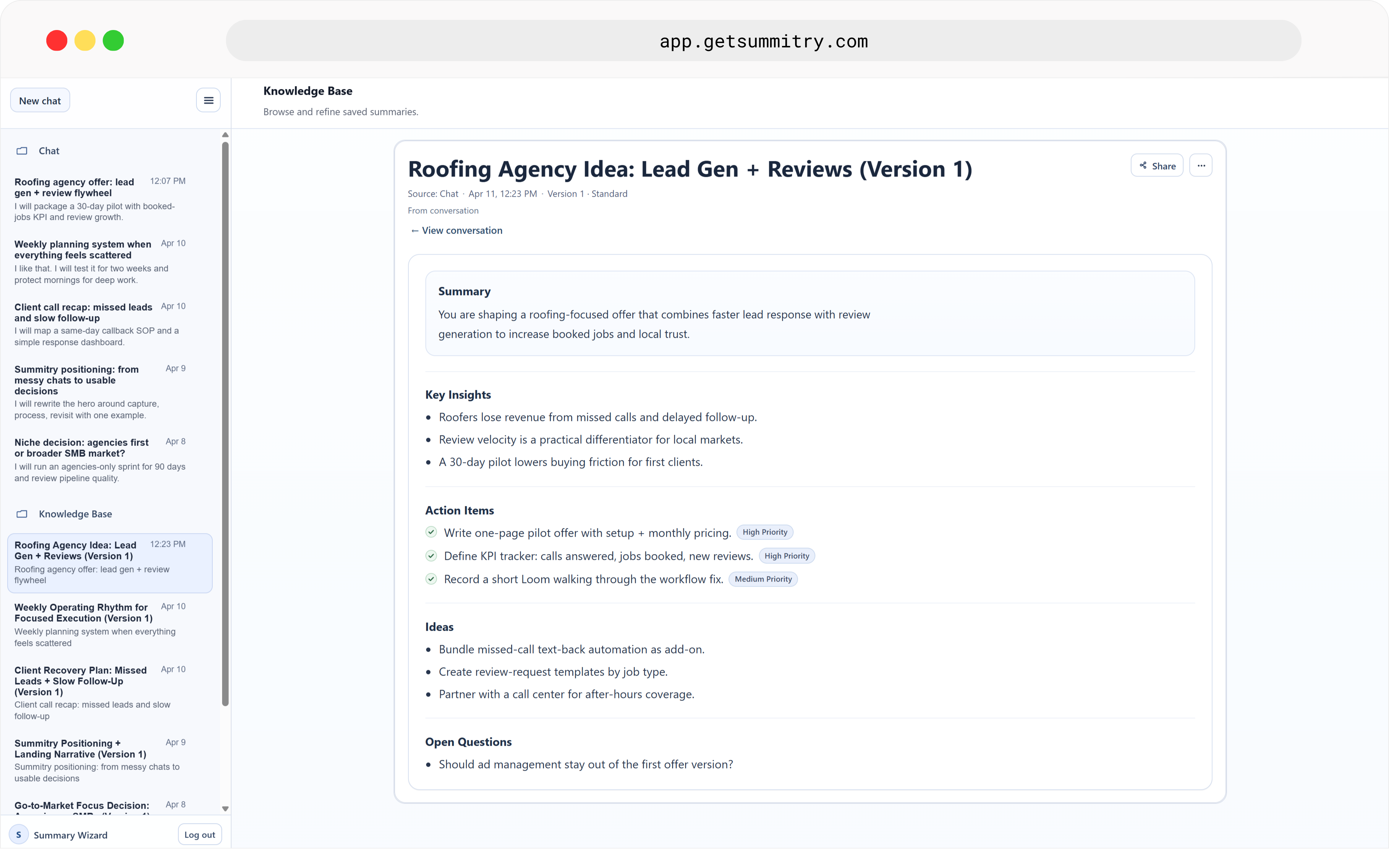 Summitry app screenshot showing reusable summary output with key insights and action items